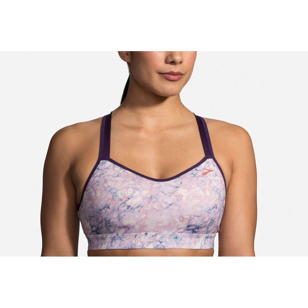 Brooks Uprise Crossback sports bra in quartz marble pattern with berry purple trim
