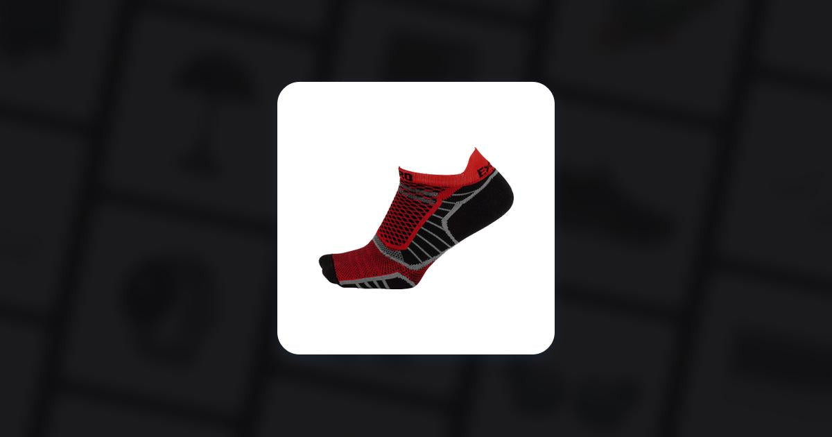 Experia No Show Tab running sock in red, black, and grey mesh design