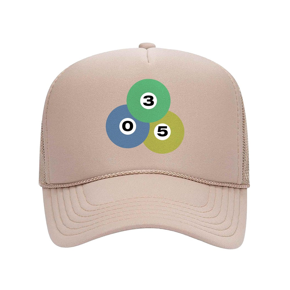 Tan 305YCLE trucker hat with three overlapping circles containing numbers 3, 0, 5