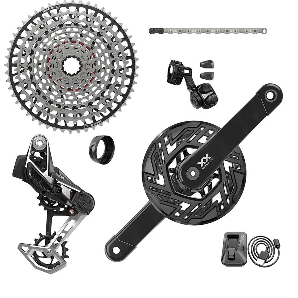 SRAM XX T-Type eMTB groupset components including cassette, derailleur, crankset, and charger