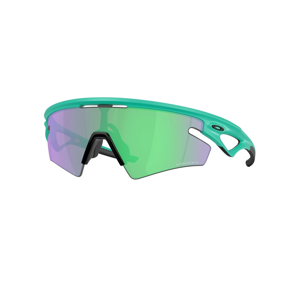 Oakley Sphaera sunglasses with matte celeste frame and green mirrored lenses
