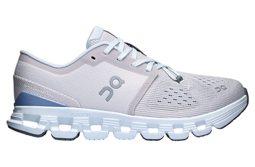 On Cloud X 4 women's running shoe in silver and light blue colorway