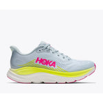 HOKA Clifton 11 running shoe in mineral blue with neon yellow sole and pink branding