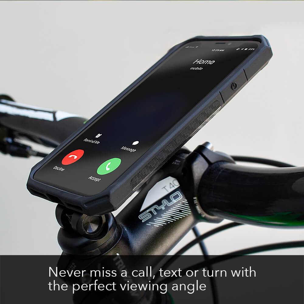 Rokform iPhone bike mount with phone showing incoming call interface on handlebars