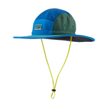 Patagonia Quandary Brimmer sun hat in blue and green colorblock with yellow chin strap