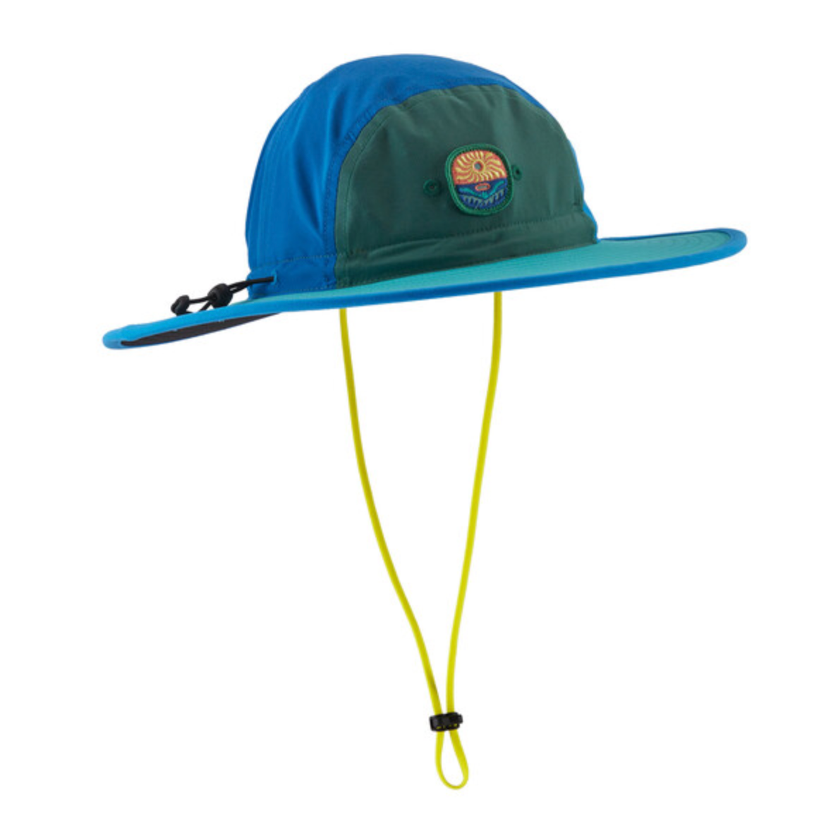 Patagonia Quandary Brimmer hat in vessel blue and green colorblock with chin strap