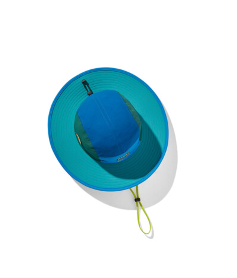 Patagonia Quandary Brimmer hat in vessel blue with teal brim and yellow chin strap