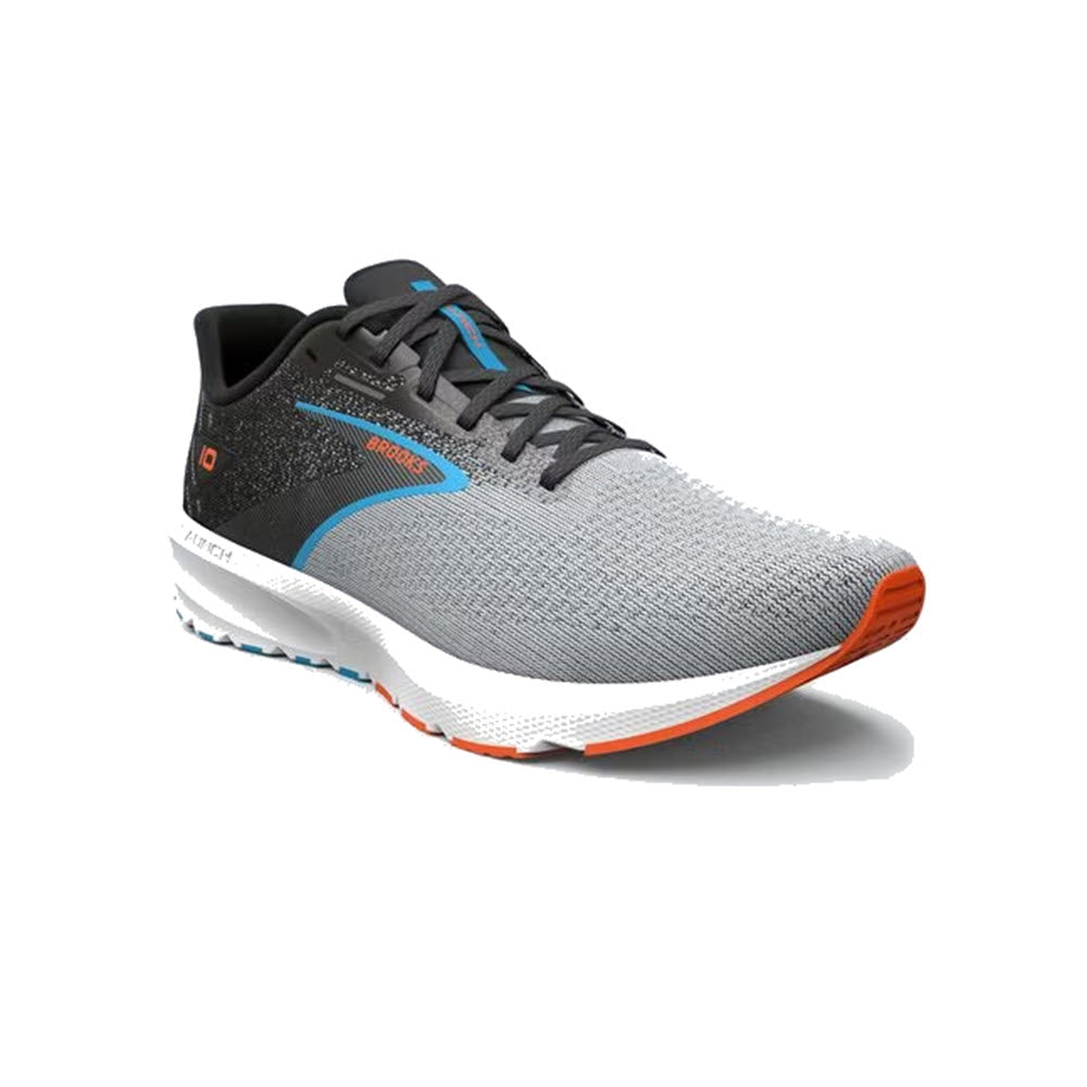 Brooks Launch 10 running shoe in grey and blue with orange accents