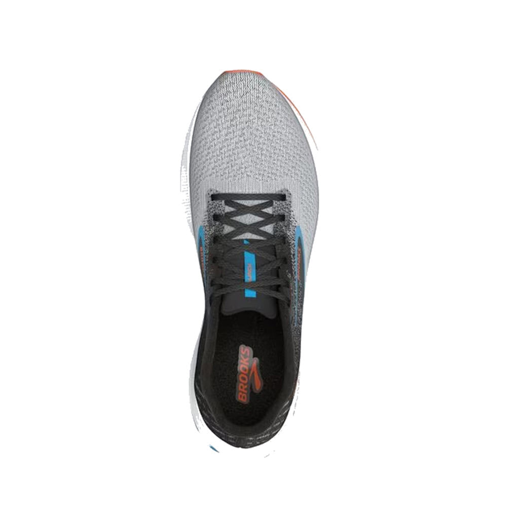 Brooks Launch 10 running shoe in grey and black with orange and blue details