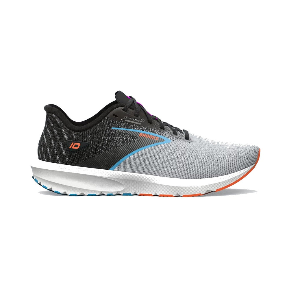 Brooks Launch 10 running shoe in black grey orange colorway with blue accents