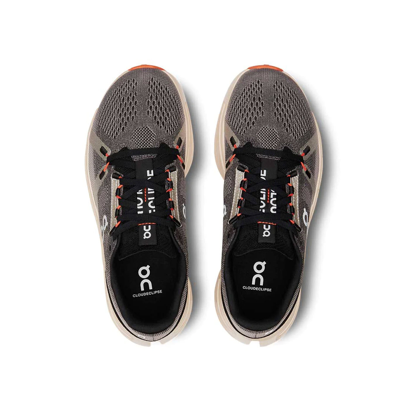 On Cloudeclipse women's running shoes in gray with sand colored sole, top view