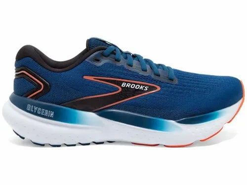 Brooks Glycerin 21 men's running shoe in blue opal with black and orange accents