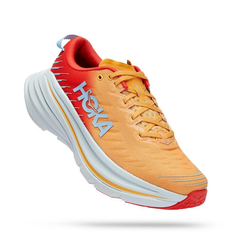 Hoka Bondi X running shoe in fiesta orange and amber yellow colorway