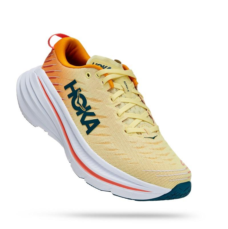 HOKA Bondi X men's running shoe in yellow pear colorway with orange accents