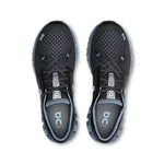 On Cloud X 4 running shoes in black with chambray blue accents, top view