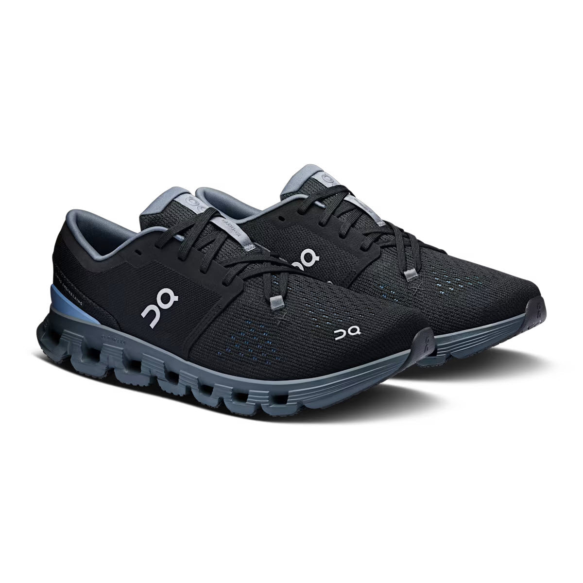 On Cloud X 4 running shoes in black with chambray blue accents