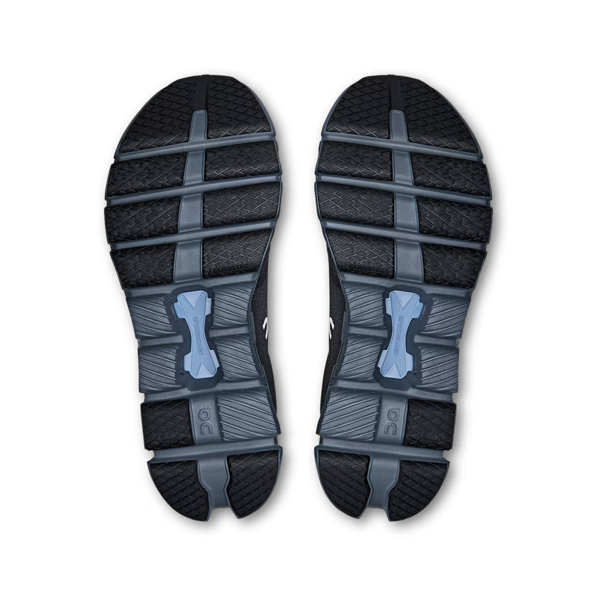 On Cloud X 4 running shoe soles showing black and gray tread pattern