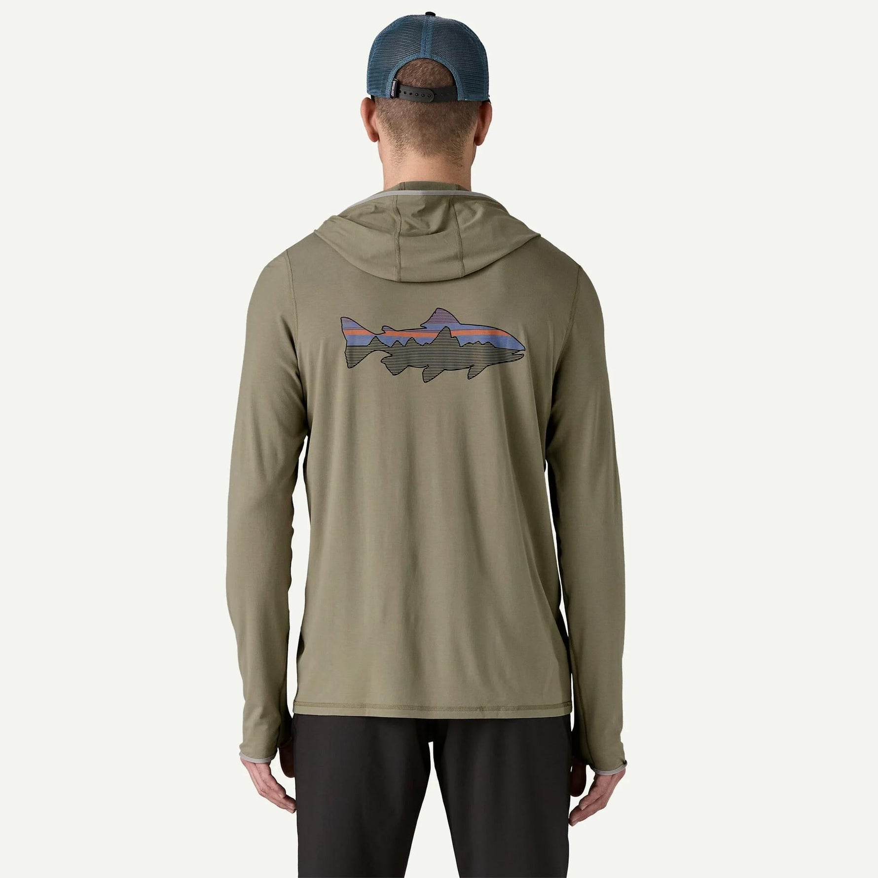 Back view of Patagonia hooded shirt in olive green with colorful fish graphic