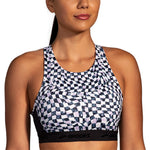 Brooks Drive 3 Pocket Bra in black and white Speed Check pattern on female model