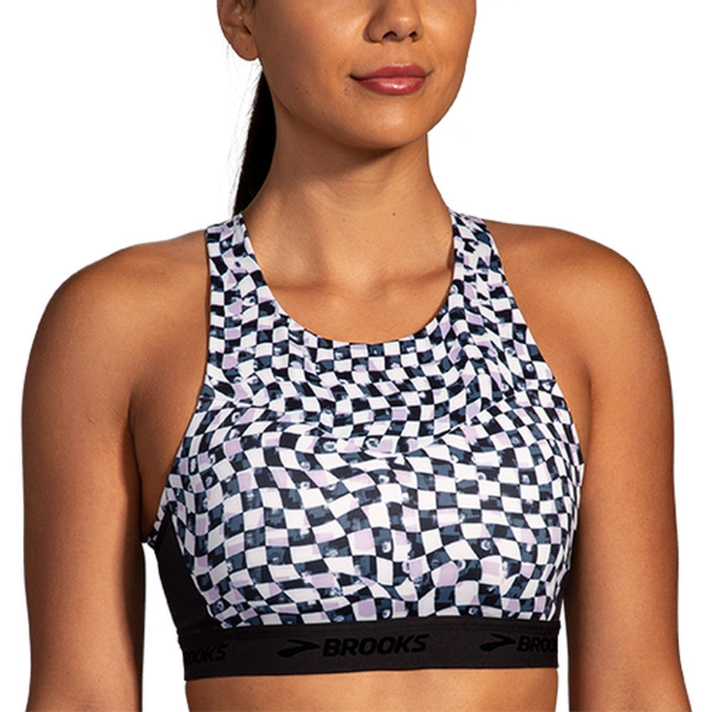 Brooks Drive 3 Pocket Bra in black and white Speed Check pattern on female model