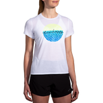Brooks Distance Short Sleeve 2.0 white running shirt with Run Happy graphic on female model
