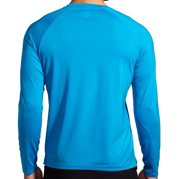 Brooks Atmosphere Long Sleeve Men's 2.0 in Cerulean blue, rear view on model