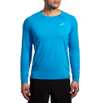 Brooks Atmosphere Long Sleeve 2.0 men's running shirt in cerulean blue on model