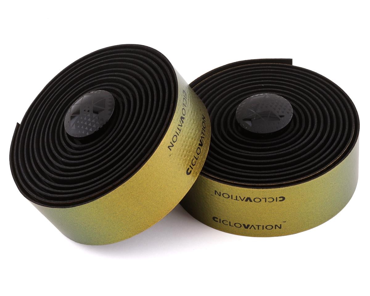 Ciclovation handlebar tape in metallic gold-green finish with black backing and end plugs