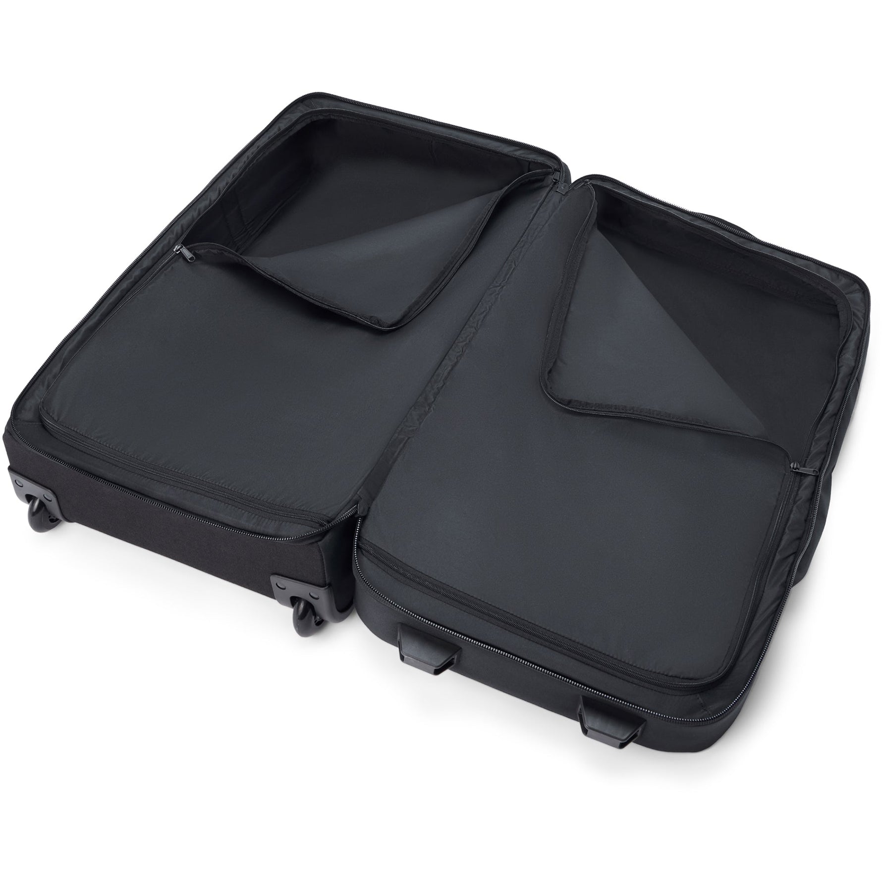 Open black Dakine 365 Roller 100L suitcase showing interior compartments and organization