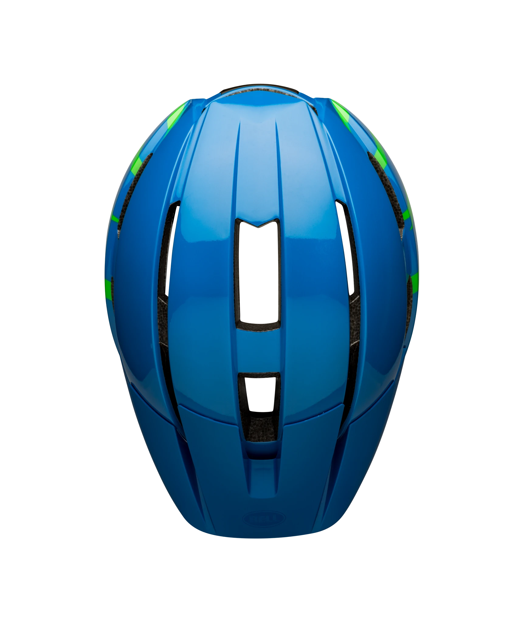 Bell Sidetrack II youth bike helmet in blue with green accents, top view