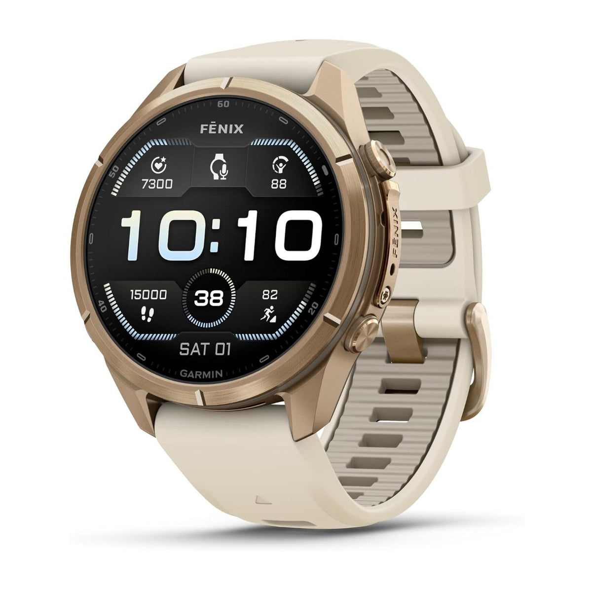 Garmin Fenix 9 Pro smartwatch in Autumn Gold Titanium with cream silicone band displaying time 10:10