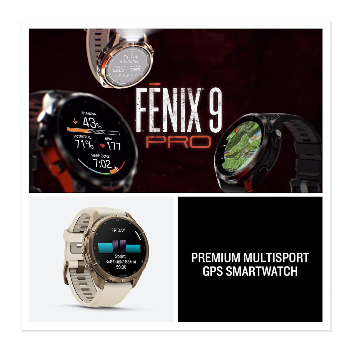 Garmin Fenix 9 Pro premium multisport GPS smartwatch promotional image showing multiple colorways