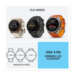 Garmin Fenix 9 Pro available in three sizes 43mm 47mm 51mm with dimmable LED flashlight feature highlighted