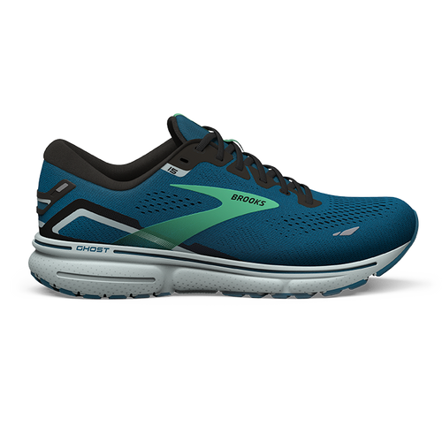 Brooks Ghost 15 men's running shoe in blue, black and green colorway