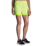 Brooks Chaser 5-inch 2-in-1 women's running shorts in Speed Check Lime neon yellow-green pattern