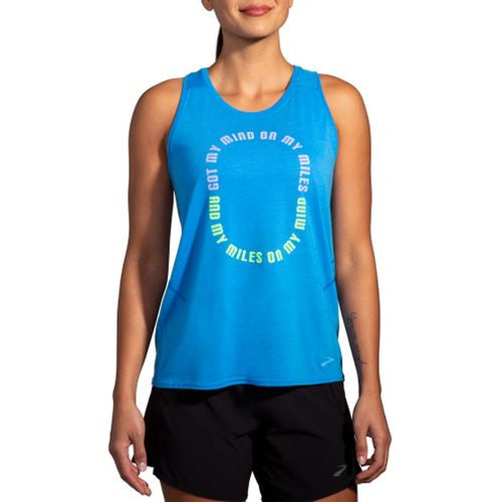 Brooks Distance Tank 2.0 in HTR Azure Blue with Miles on My Mind circular graphic print