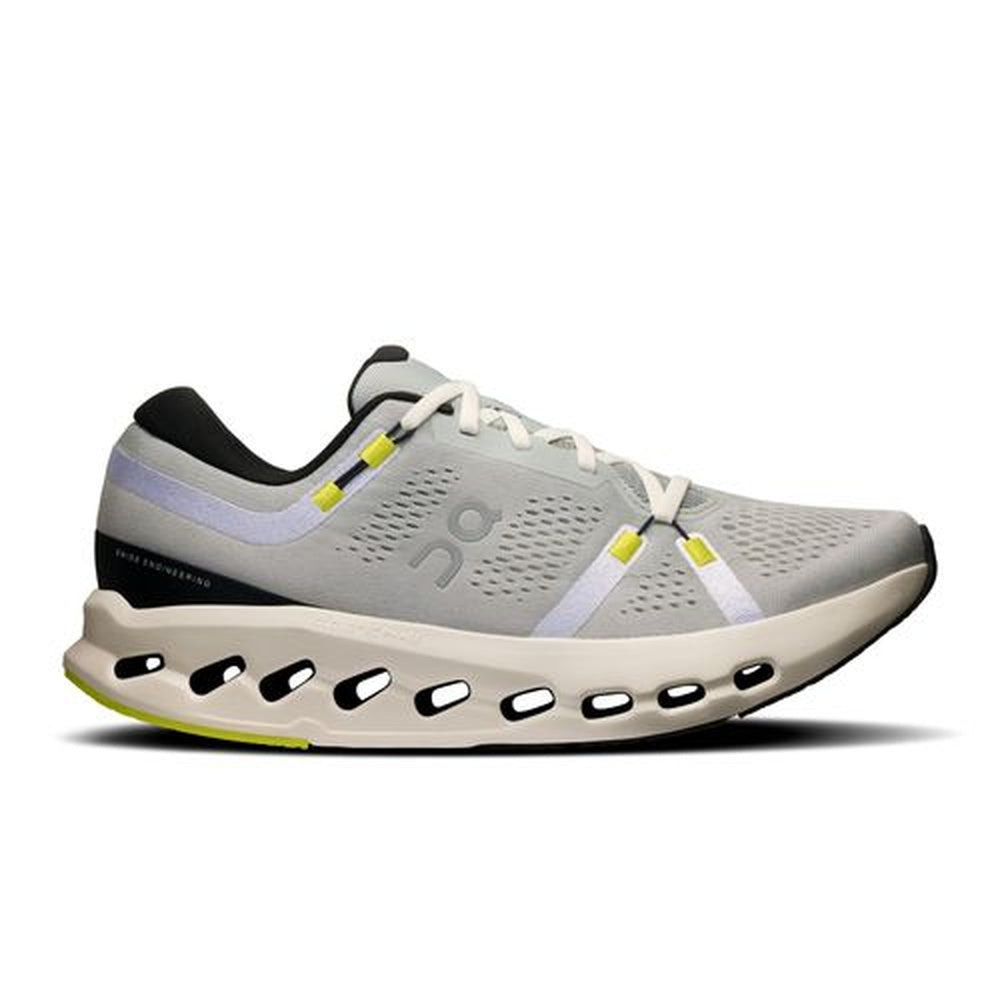 On Cloudsurfer 2 men's running shoe in glacier gray with purple and yellow details