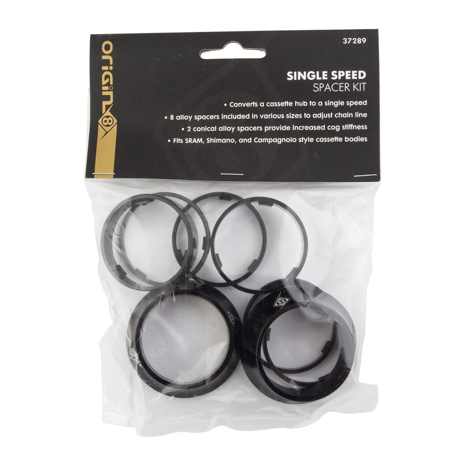 Origin8 single speed spacer kit with black alloy spacers in retail packaging