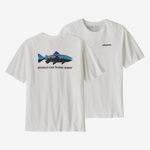 Patagonia white t-shirt with fish graphic and 'protect our home water' text
