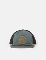 Patagonia Airfarer trucker cap in weathered stone with circular logo and black mesh back
