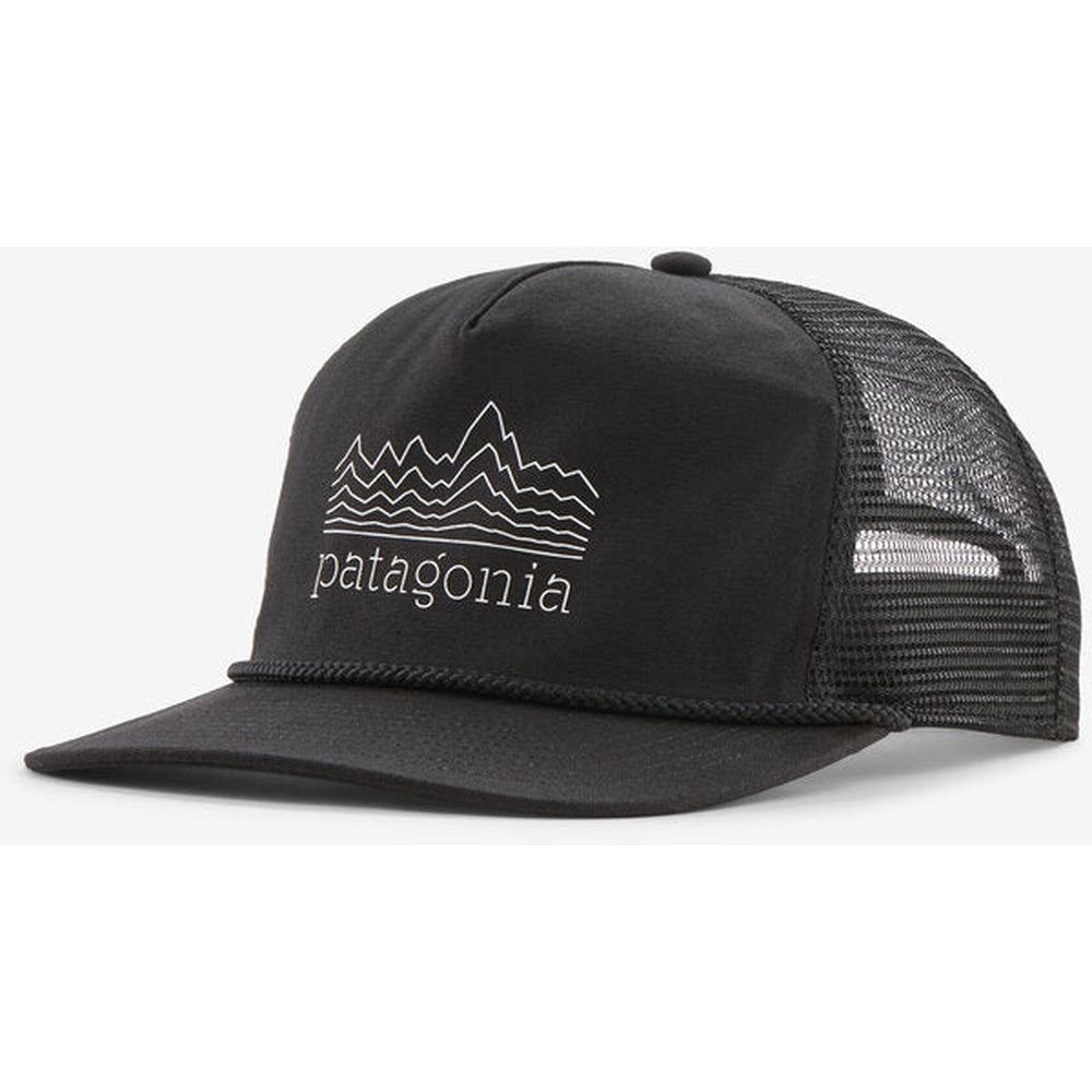 Black Patagonia Airfarer trucker cap with white mountain logo on clean background