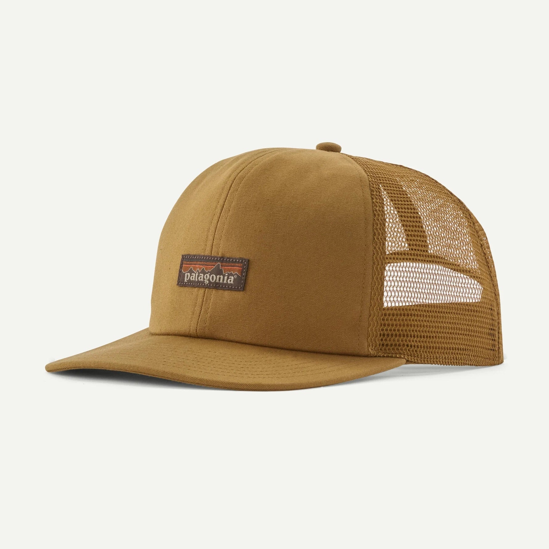 Patagonia brown trucker hat with mesh back and logo patch