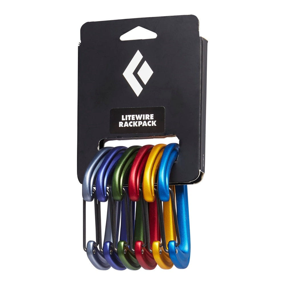 Black Diamond Litewire Rackpack with six colorful aluminum carabiners on black packaging