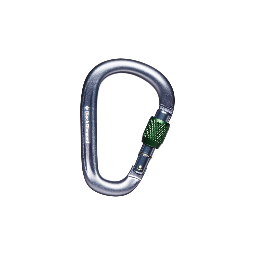 Black Diamond grey aluminum carabiner with green screw gate locking mechanism