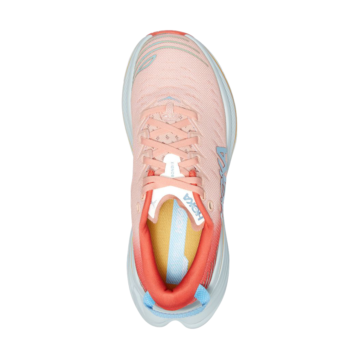 Top view of HOKA Bondi X women's running shoe in pink and blue colorway