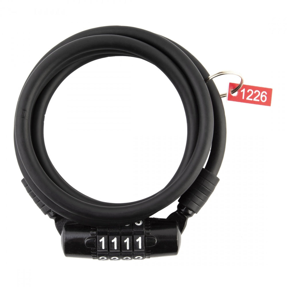 Black coiled bike cable lock with 4-digit combination mechanism and red tag