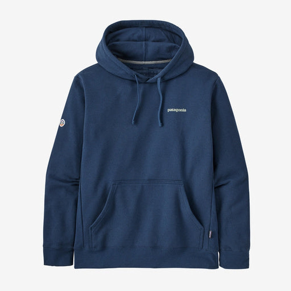 Navy blue Patagonia hoodie with front pocket and drawstring hood