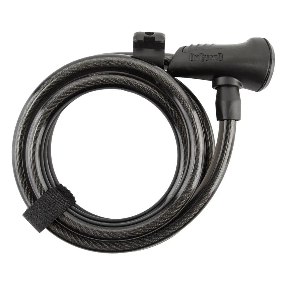 OnGuard black coiled cable bike lock with key mechanism on white background