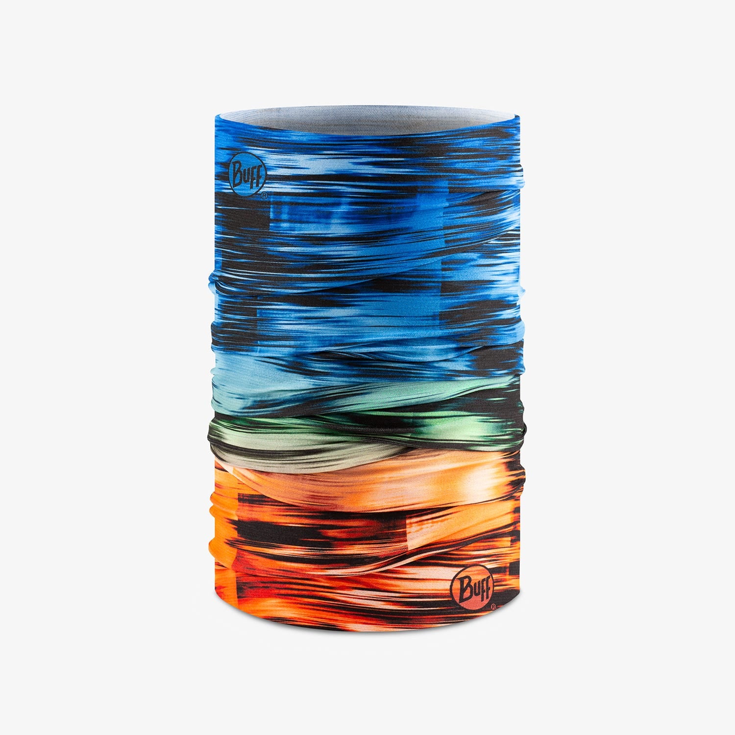 Buff Cool Net UV+ neck gaiter in Edur Multi colorway with blue-orange gradient
