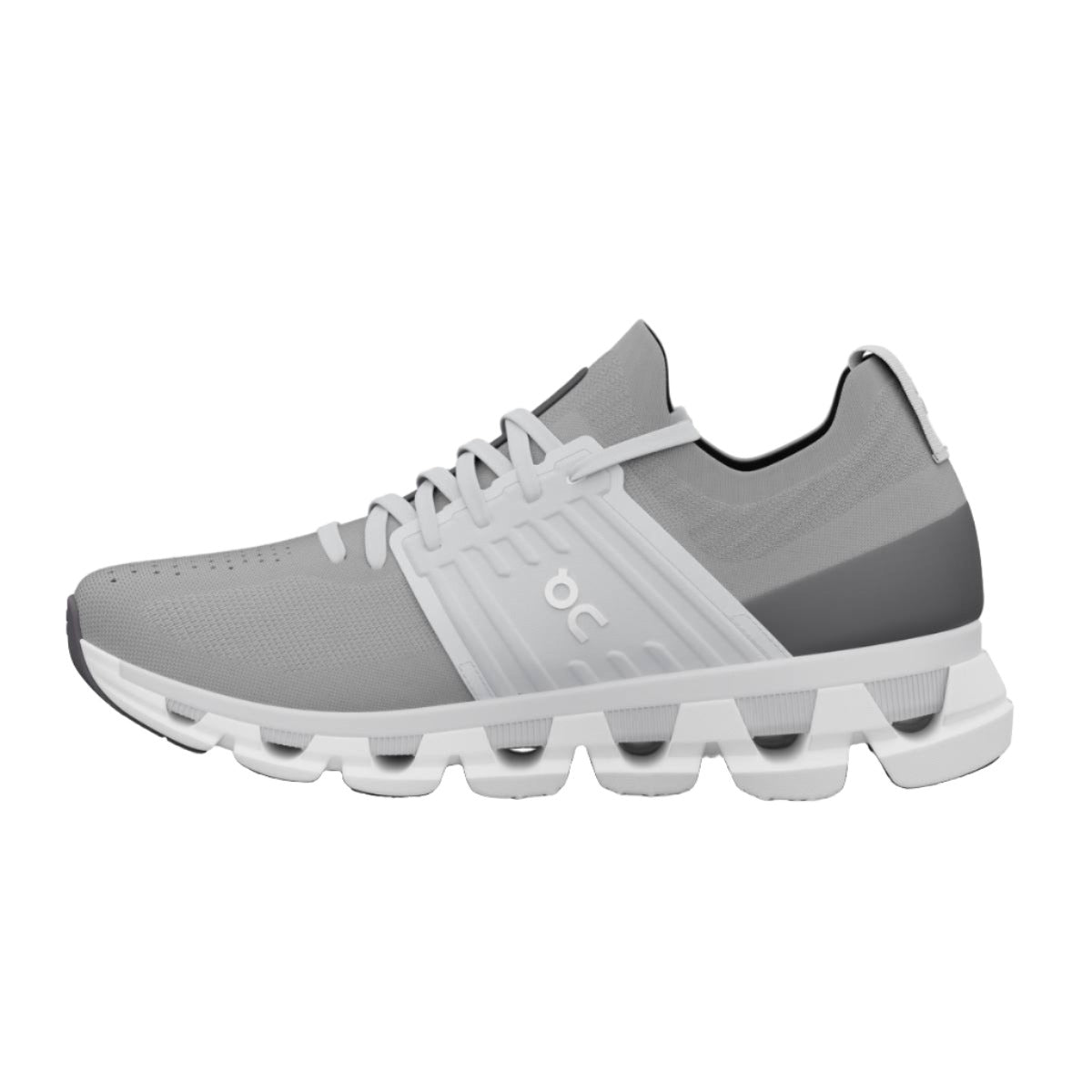 On Cloudswift 3 running shoe in grey and white colorway with distinctive CloudTec sole